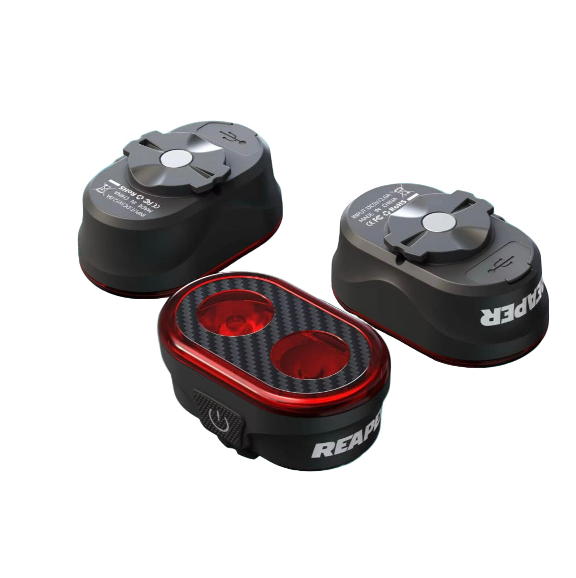 Three REAPER brand bike lights on a white background